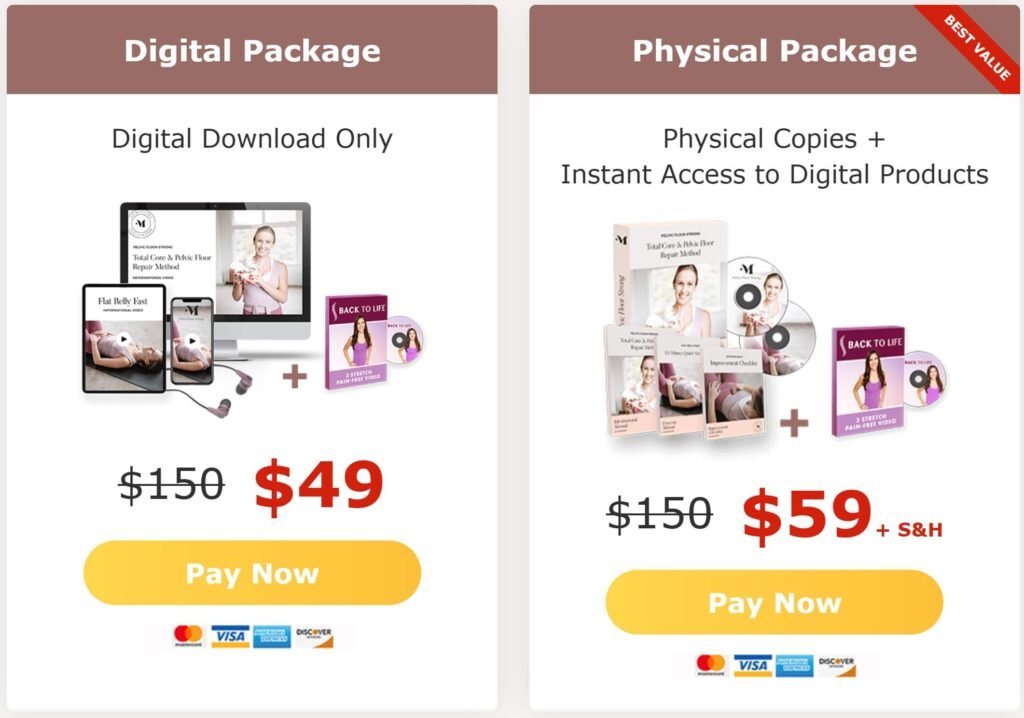 Pelvic Floor Strong digital and physical packages showing pricing options for downloadable and physical program versions.